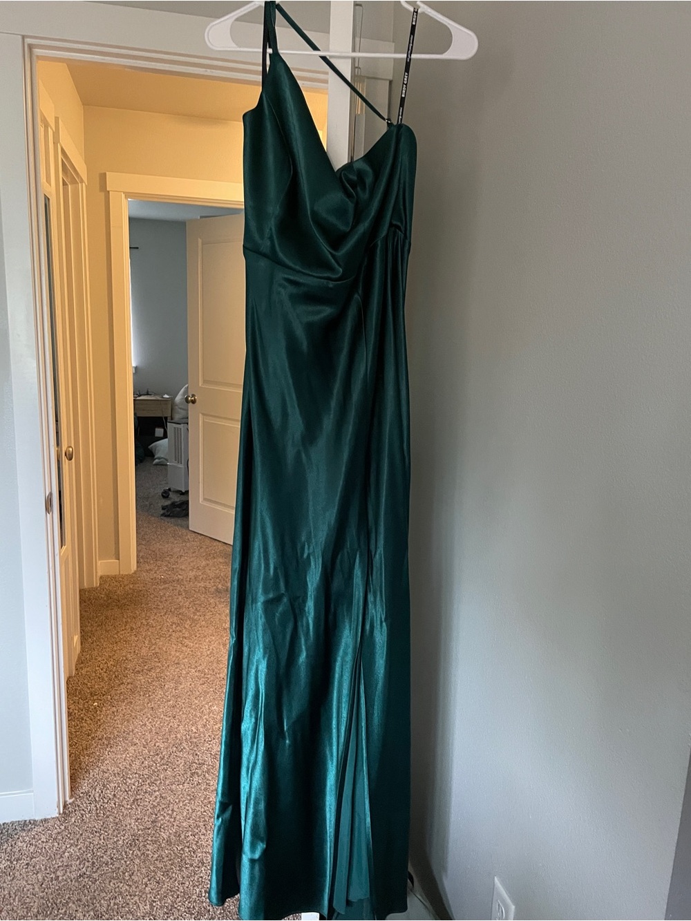 Birdy Grey Emerald Green Satin One-Shoulder Slip Dress